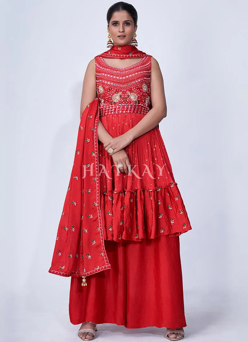 Red Mirror Work Multi Embroidery Chiffon Palazzo Suit