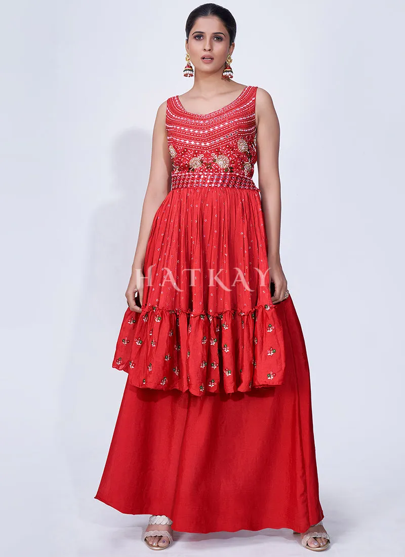 Red Mirror Work Multi Embroidery Chiffon Palazzo Suit