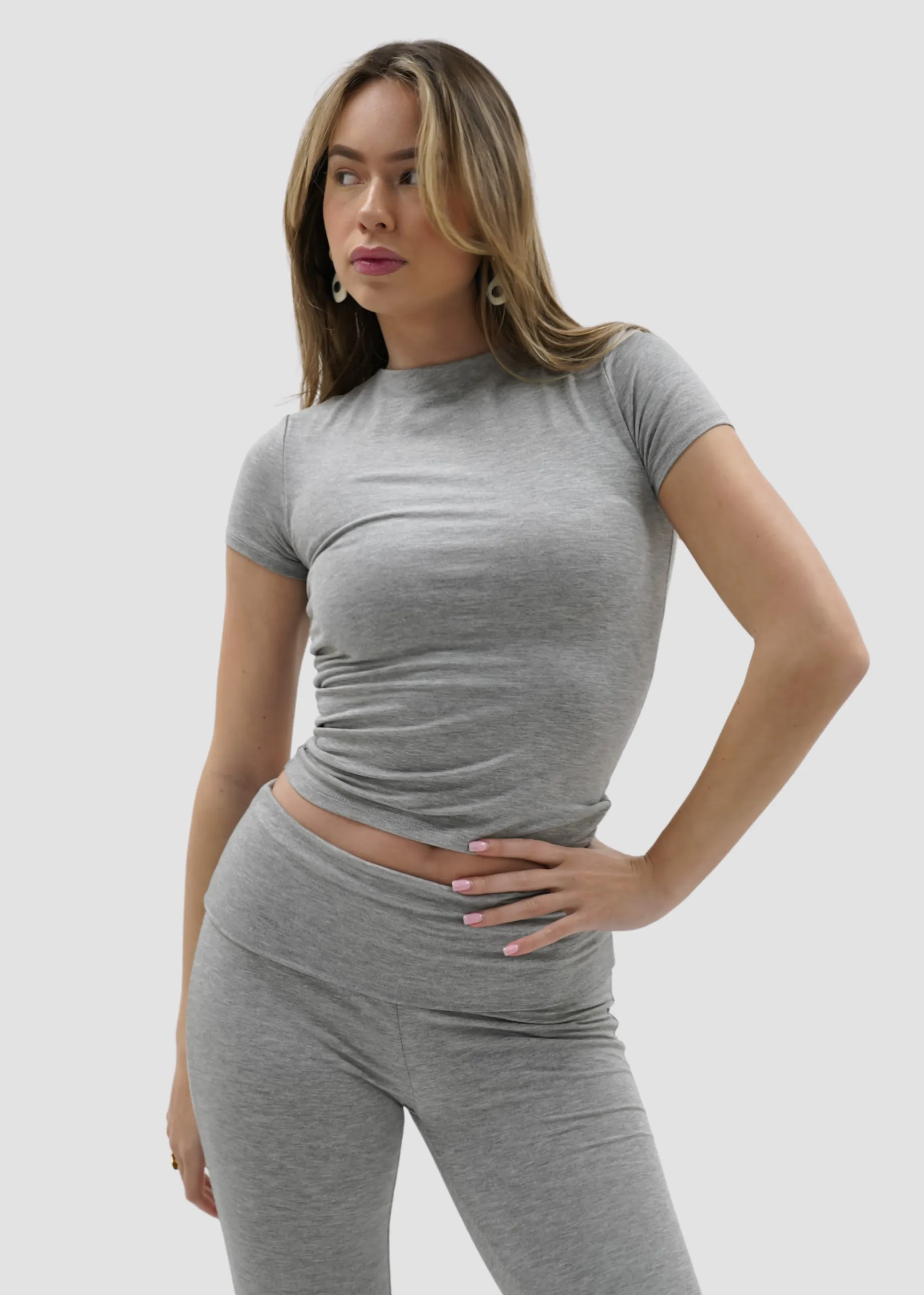 Short sleeve top long light grey melange