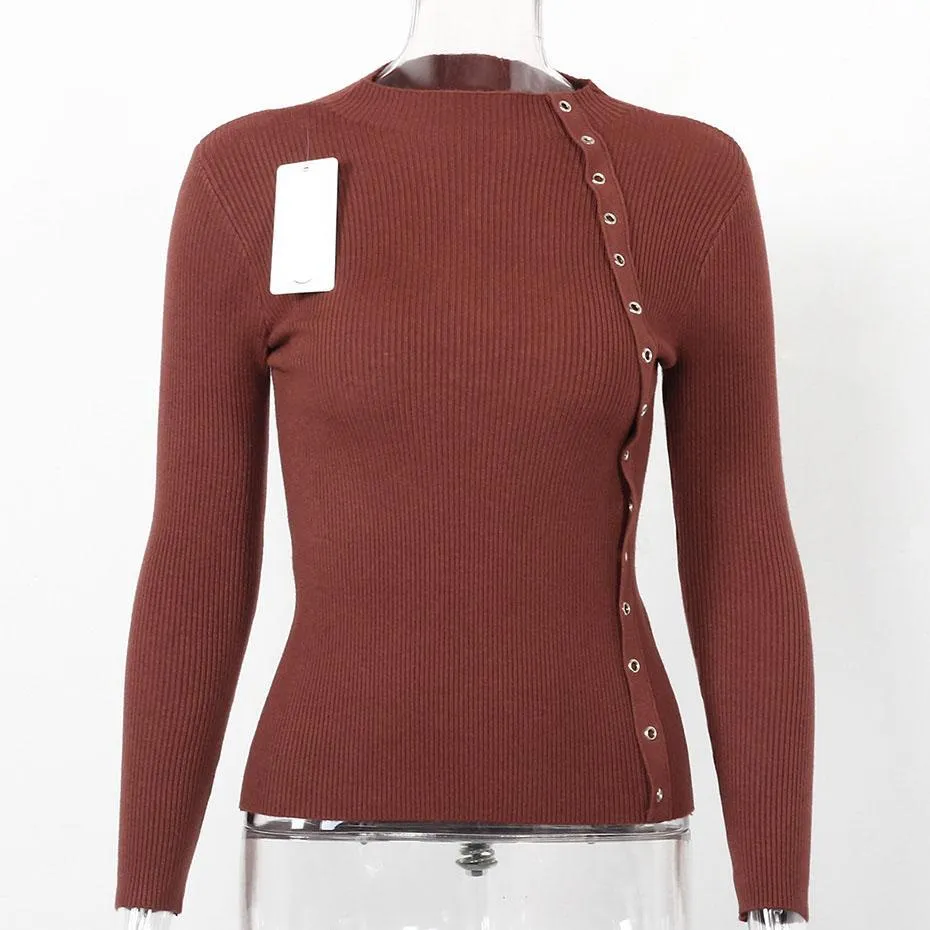 Side Button Designer Knitted Long Sleeve Sweater