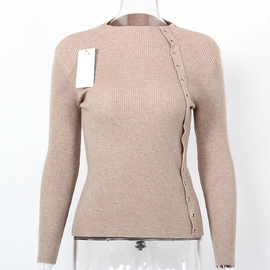 Side Button Designer Knitted Long Sleeve Sweater