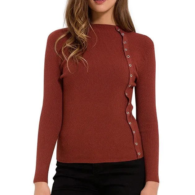 Side Button Designer Knitted Long Sleeve Sweater