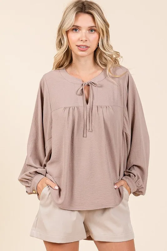 Taupe Airflow Tie Detail Balloon Long Sleeve Blouse