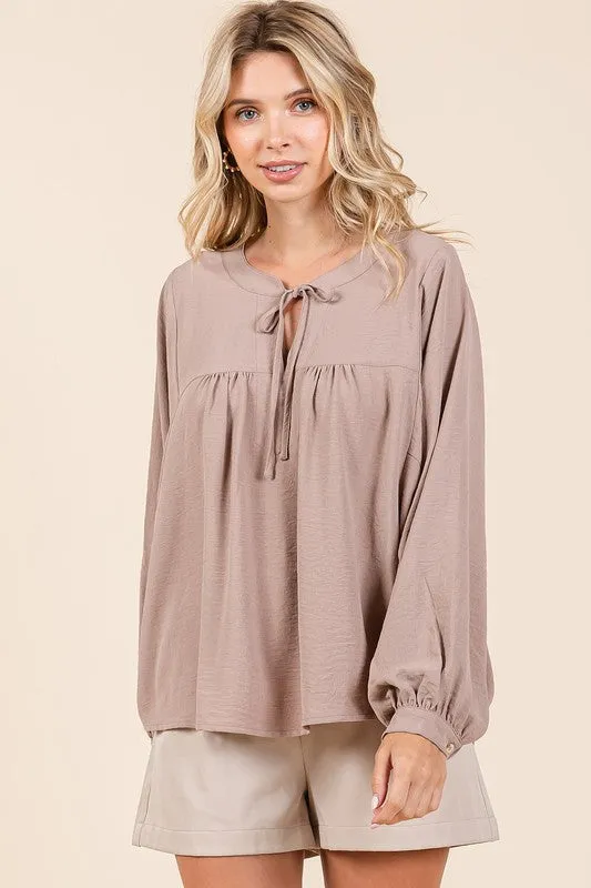 Taupe Airflow Tie Detail Balloon Long Sleeve Blouse