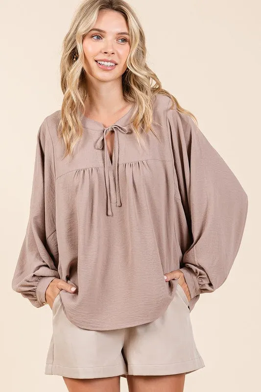 Taupe Airflow Tie Detail Balloon Long Sleeve Blouse