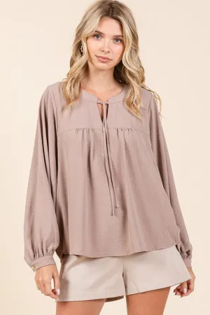 Taupe Airflow Tie Detail Balloon Long Sleeve Blouse