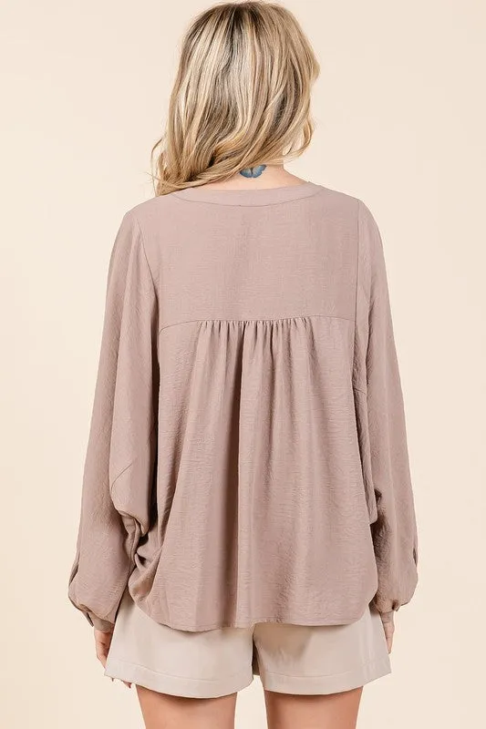 Taupe Airflow Tie Detail Balloon Long Sleeve Blouse