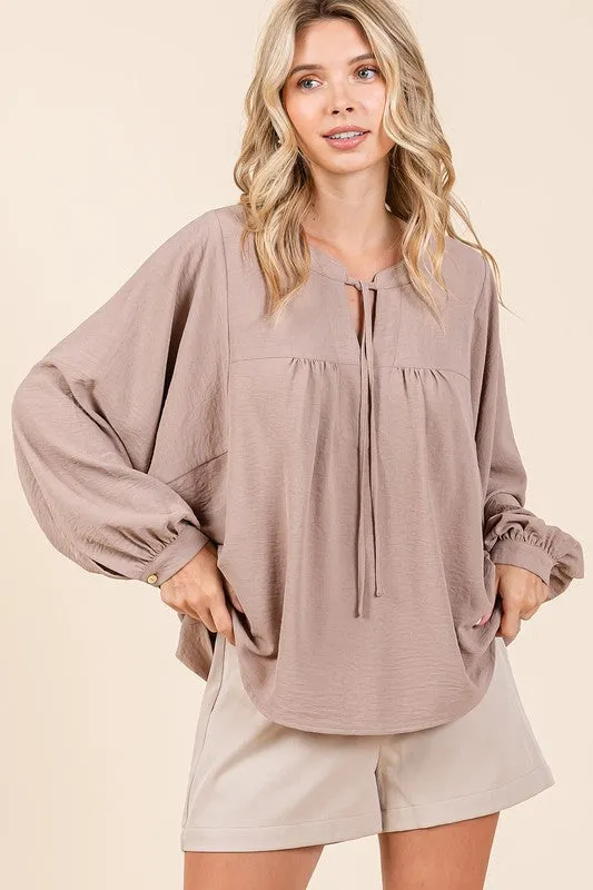 Taupe Airflow Tie Detail Balloon Long Sleeve Blouse