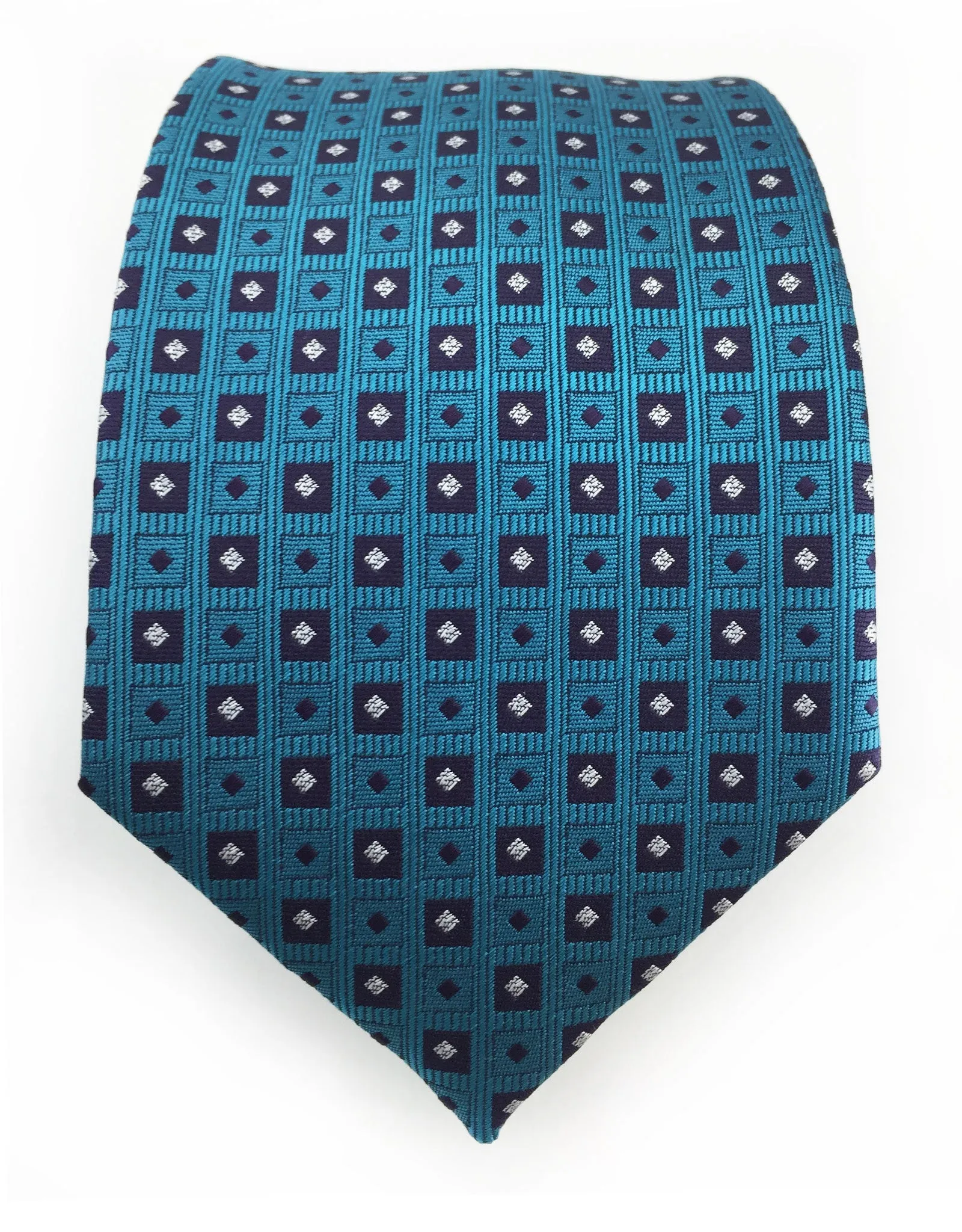 Teal Tie with Squares and Diamonds