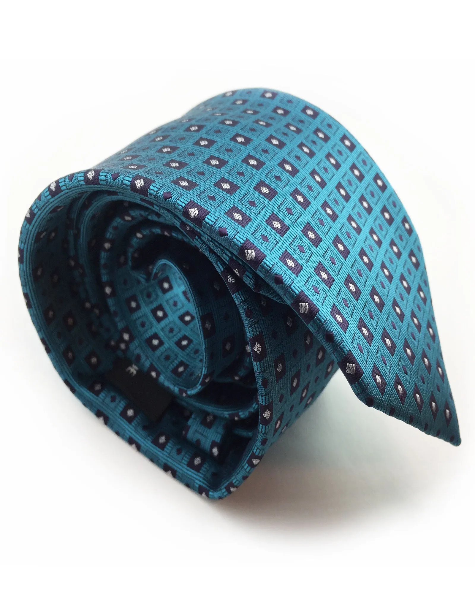 Teal Tie with Squares and Diamonds