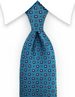 Teal Tie with Squares and Diamonds