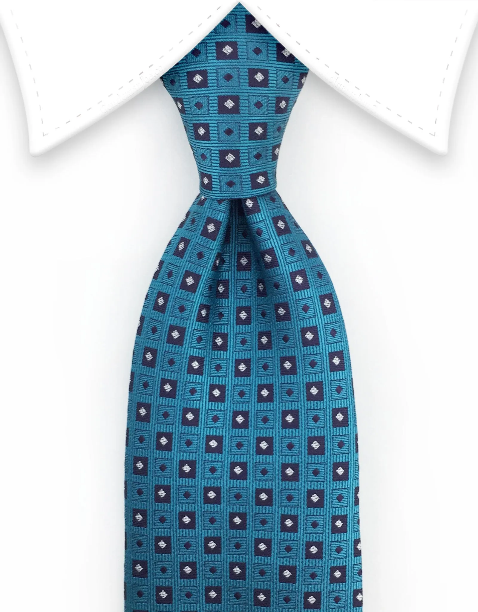 Teal Tie with Squares and Diamonds