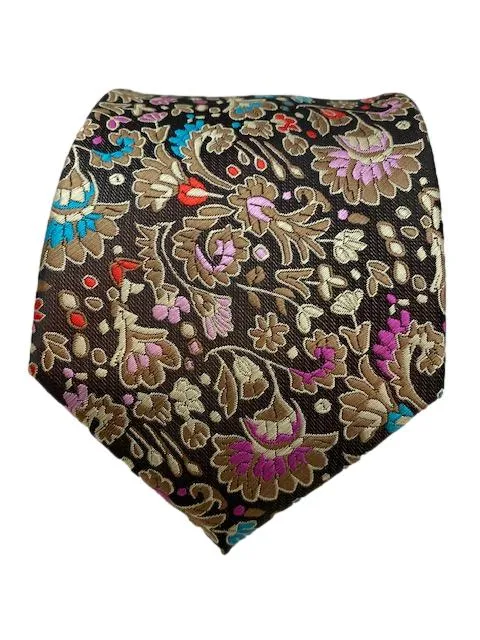 Turquoise, Red and Pink Mini Floral Brown Necktie