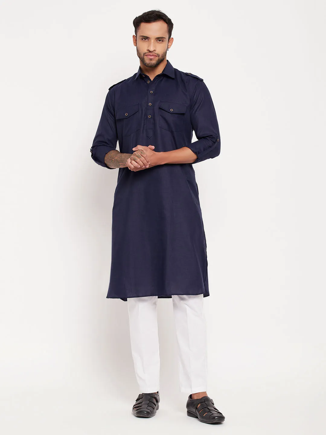 VASTRAMAY Blue Pathani Suit With White Pant