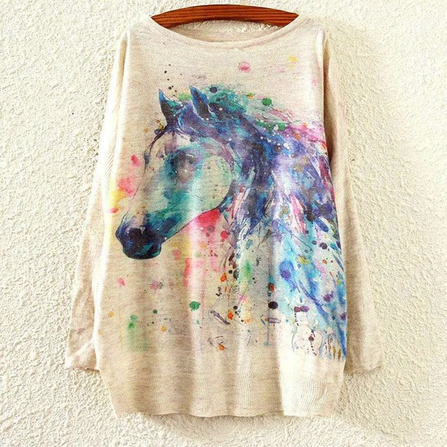 Watercolor Horse Printed Knitted Long Sleeve