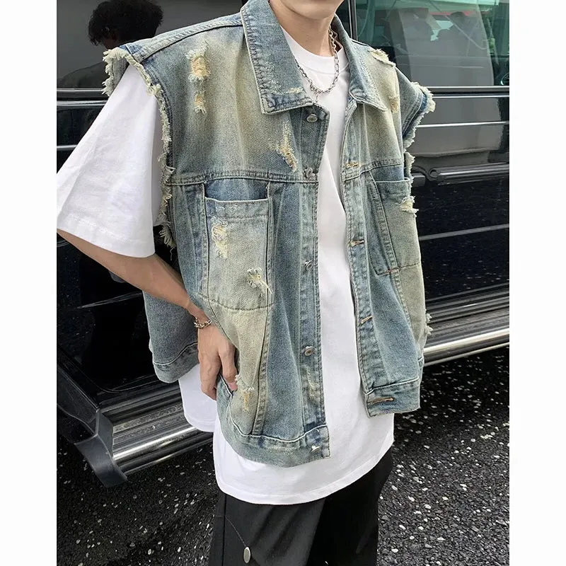 Wiaofellas  -  Korean Washed Hole Sleeveless Denim Vest Men Women High Street Short Jean Lapel Coats Vintage Loose Casual Vests Spring Summer