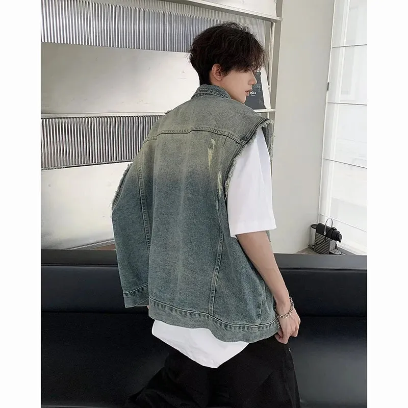 Wiaofellas  -  Korean Washed Hole Sleeveless Denim Vest Men Women High Street Short Jean Lapel Coats Vintage Loose Casual Vests Spring Summer