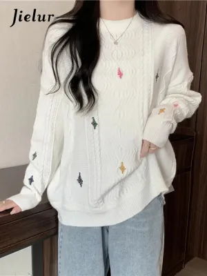 Women Knitted Sweater Autumn New O-Neck Vintage Embroidered Knitwear Baggy Long Sleeve Warm Lady White Pullover Chic