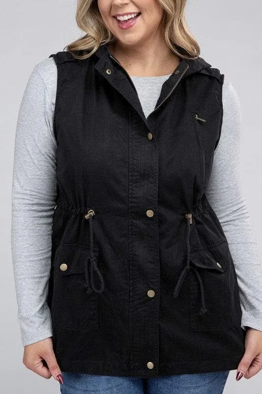 ZENANA Plus Drawstring Waist Military Hoodie Vest