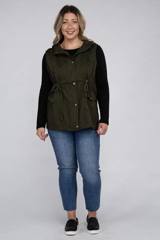 ZENANA Plus Drawstring Waist Military Hoodie Vest