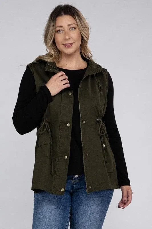 ZENANA Plus Drawstring Waist Military Hoodie Vest