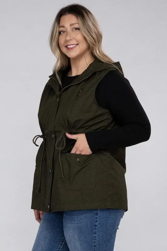 ZENANA Plus Drawstring Waist Military Hoodie Vest