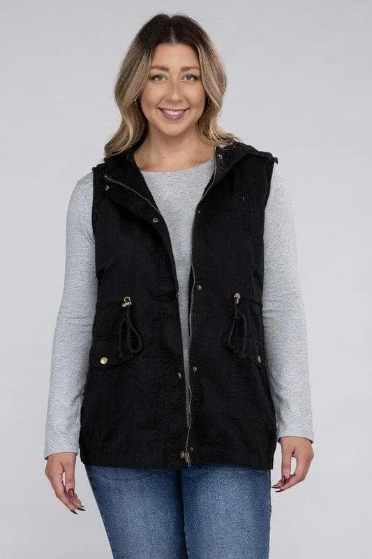 ZENANA Plus Drawstring Waist Military Hoodie Vest